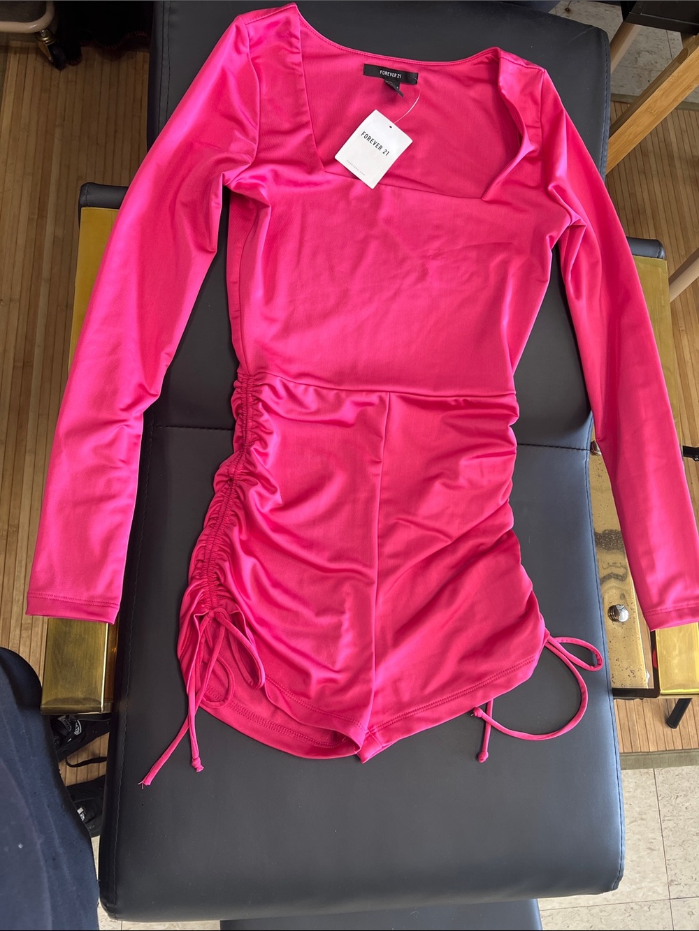 Forever 21 Hot Pink Long Sleeve Ruched Tie Romper